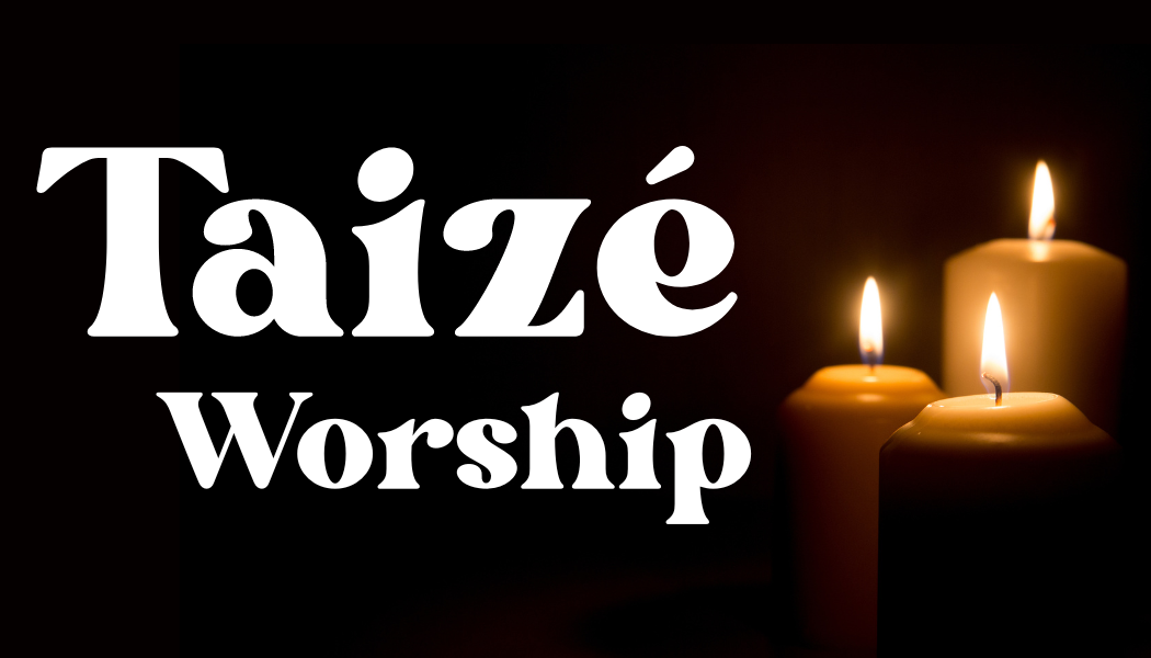 The words "Taizé Worship" in white over a black background. Three lit candles are on the right side of the image.